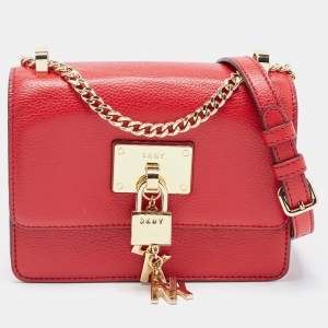 Pre Owned DKNY Red Leather Charm Flap Crossbody Bag