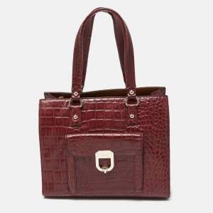 Pre Owned DKNY Burgundy Croc Embossed Leather Tote