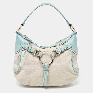 DKNY Cream/Blue Monogram Canvas and Leather Buckle Hobo