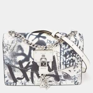 Pre Owned DKNY White/Black Graffiti Print Leather Flap Shoulder Bag