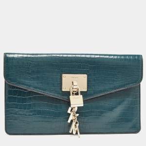 مملوكة مسبقًا DKNY Teal Blue Croc Embossed Leather Elissa Envelope Clutch