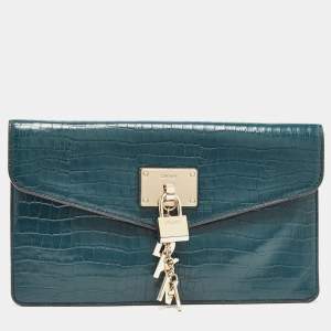 DKNY Teal Blue Croc Embossed Leather Elissa Envelope Clutch