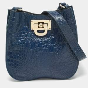 DKNY Navy Blue Croc Embossed Leather Messenger Bag