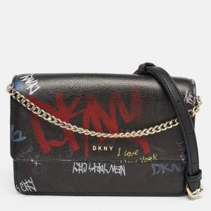 DKNY Black Leather Graffiti Print Flap Crossbody Bag 