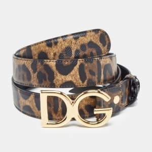 Dolce & Gabbana Black/Beige Leopard Print Coated Canvas DG Logo Belt 