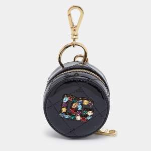 Dolce & Gabbana Black Patent Leather DG Crystal Embellished Key Chain Purse