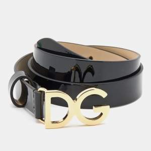Dolce & Gabbana Black Patent Leather DG Logo Slim Belt 69CM