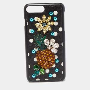 Pre Owned Dolce & Gabbana Black Polkadot Crystal Embellished Leather iPhone 7 Plus Case