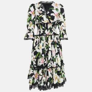 Pre Owned Dolce & Gabbana Black Lily Print Cotton and Lace Midi Length Dress M