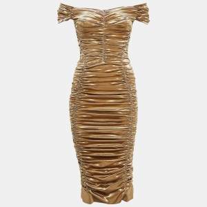 Dolce & Gabbana Metallic Gold Lame Ruche Off-Shoulder Dress M
