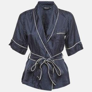 Pre Owned Dolce & Gabbana Navy Blue Polka Dots Print Silk Belted Blouse S