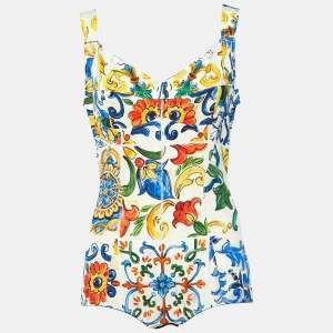 Dolce & Gabbana Multicolor Majolica Print Silk Cotton Bodysuit & Skirt Set L