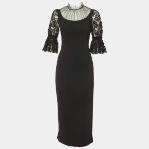 Dolce & Gabbana Black Crepe Tulle Trim Midi Dress S