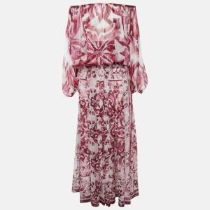 Dolce & Gabbana Pink Majolica Print Silk Top and Skirt Set S