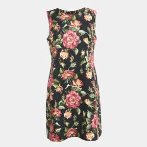 Dolce & Gabbana Black Floral Print Jacquard Cotton Blend Sleeveless Mini Dress L