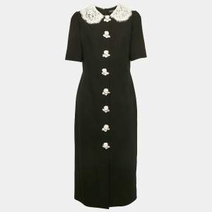 Dolce & Gabbana Black Wool Blend Baby Cherub Button Detail Midi Dress L