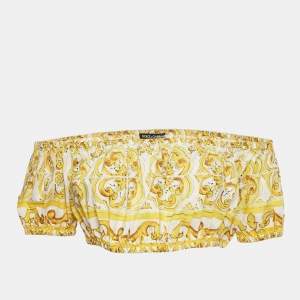 Pre Owned Dolce & Gabbana Yellow Majolica Print Cotton Off-Shoulder Crop Top M