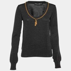 Pre Owned Dolce & Gabbana Charcoal Grey Chain Detail Sweater L