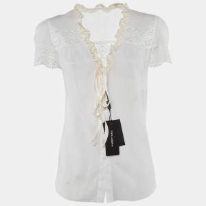 Pre Owned Dolce & Gabbana Off-White Cotton Contrast Trim Top M