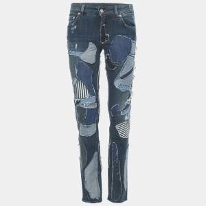Pre Owned Dolce & Gabbana Blue Patchwork Denim Skinny Jeans S Waist 27"