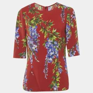 Pre Owned Dolce & Gabbana Red Floral Print Crepe Blouse M