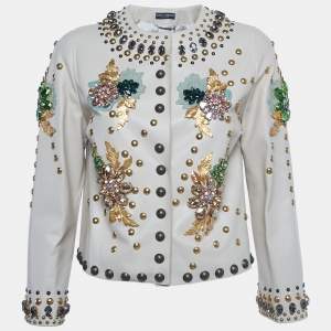 Pre Owned Dolce & Gabbana Beige Crystal Embellished Leather Jacket S
