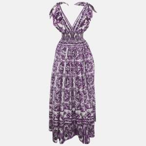 مملوكة مسبقًا Dolce & Gabbana Purple Majolica Print Cotton Shirring Gown M