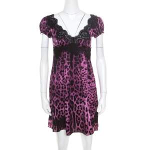 Pre Owned Dolce & Gabbana Purple and Black Animal Printed Lace Insert Baby Doll Dress S