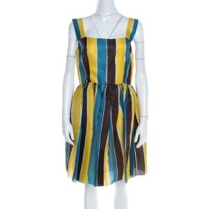 Pre Owned Dolce & Gabbana Multicolor Stripe Printed Silk Sleeveless Dress M