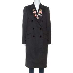Pre Owned Dolce & Gabbana Dark Grey Wool Crystal Embellished Long Coat M