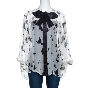 Pre Owned D&G Bicolor Butterfly Print Sheer Silk Bow Detail Blouse M