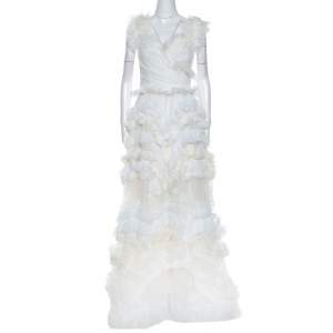 Pre Owned Dolce & Gabbana Off White Silk Feather Trim Ruffle Detail Gown M