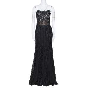 Dolce & Gabbana Black Floral Lace Bustier Detail Strapless Gown M