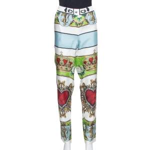 Pre Owned Dolce & Gabbana White Sacred Heart Print Silk Tapered Trousers S