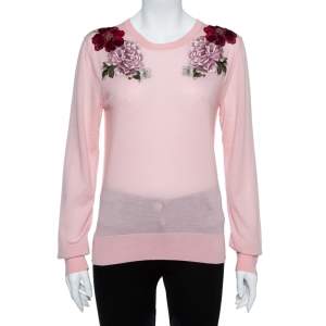 Pre Owned Dolce & Gabbana Pink Rose Applique Cashmere Pullover L