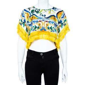 مملوكة مسبقًا Dolce & Gabbana Yellow Majolica Print Silk Fringed Crop Top S