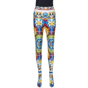 Pre Owned Dolce & Gabbana Multicolor Majolica Print Jersey Footed Leggings L
