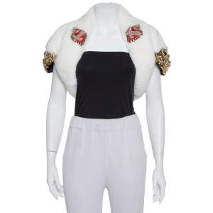 Pre Owned Dolce & Gabbana White Fur Stone & Sequin Embellished Open Front Crop Jacket S