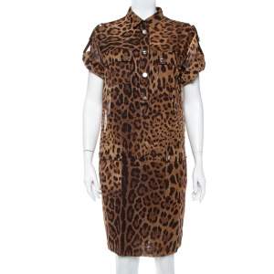 Pre Owned Dolce & Gabbana Brown Animal Printed Cotton Collared Shift Dress L