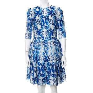 مملوكة مسبقًا Dolce & Gabbana White Majolica Printed Silk Flared Mini Dress M