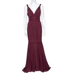 Pre Owned Dolce & Gabbana Burgundy Silk Tiered Maxi Dress M