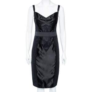 Pre Owned Dolce & Gabbana Black Satin & Lace Paneled Bustier Bodycon Dress M