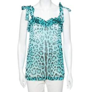 Pre Owned Dolce & Gabbana  Blue Animal Printed Silk Ruffle Detail Sleeveless Top S