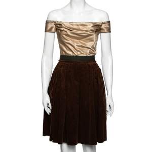 Pre Owned D&G Beige & Brown Silk & Corduroy Off Shoulder Corset Pleated Dress S