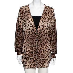 Pre Owned Dolce & Gabbana Brown Leopard Print Cashmere Button Front Cardigan M