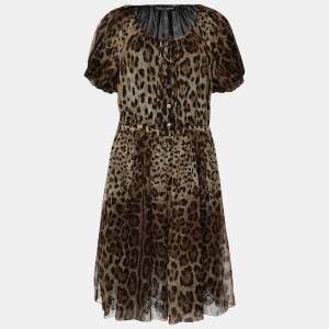 Pre Owned Dolce & Gabbana Brown Leopard Printed Silk Pleated Puffed Sleeve Dress L