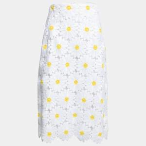 Pre Owned Dolce & Gabbana White Sunflower Guipure Lace Midi Skirt S