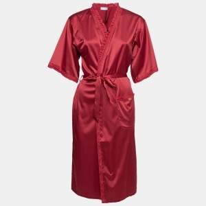 Pre Owned Dolce & Gabbana Red Satin Ruffled Lace Trimmed Belted Robe M