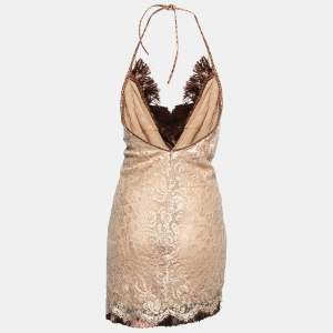 Pre Owned Dolce & Gabbana Beige Lace Fringe Trim Mini Dress M