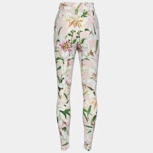 Pre Owned Dolce & Gabbana Pink Lily Printed Crepe Tapered Legs Pants S